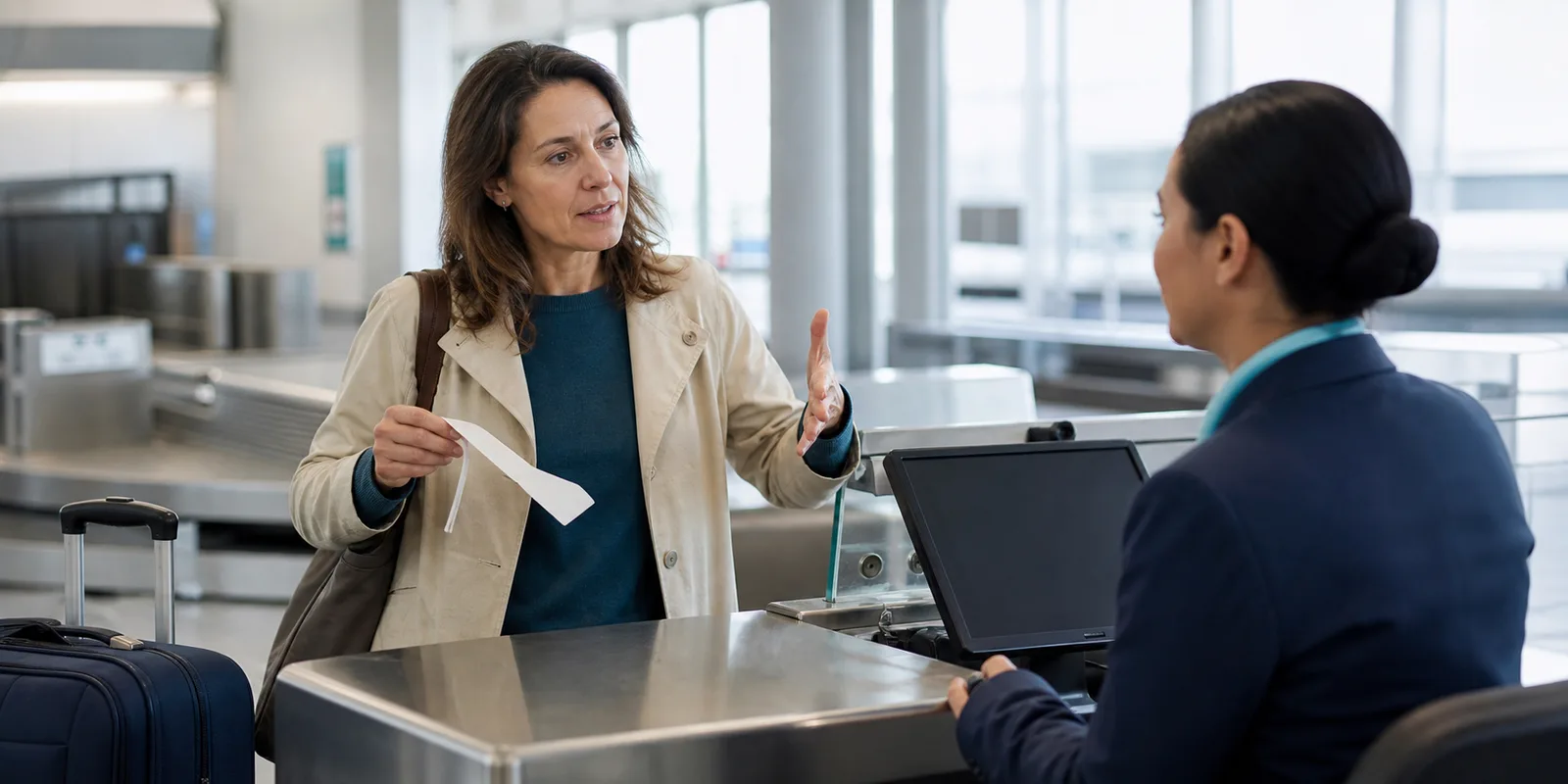 A traveller reporting a missing suitcase at an airport baggage desk