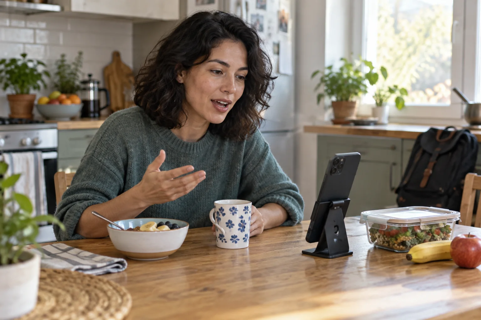 An adult speaking toward a phone on a stand at her kitchen table, with breakfast, a packed lunch and a work bag nearby.