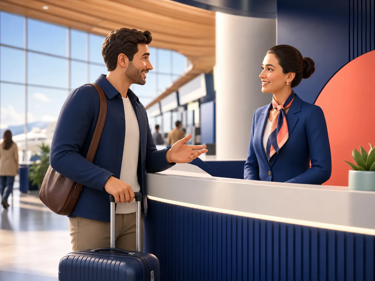 A traveler speaking with an airport check-in agent