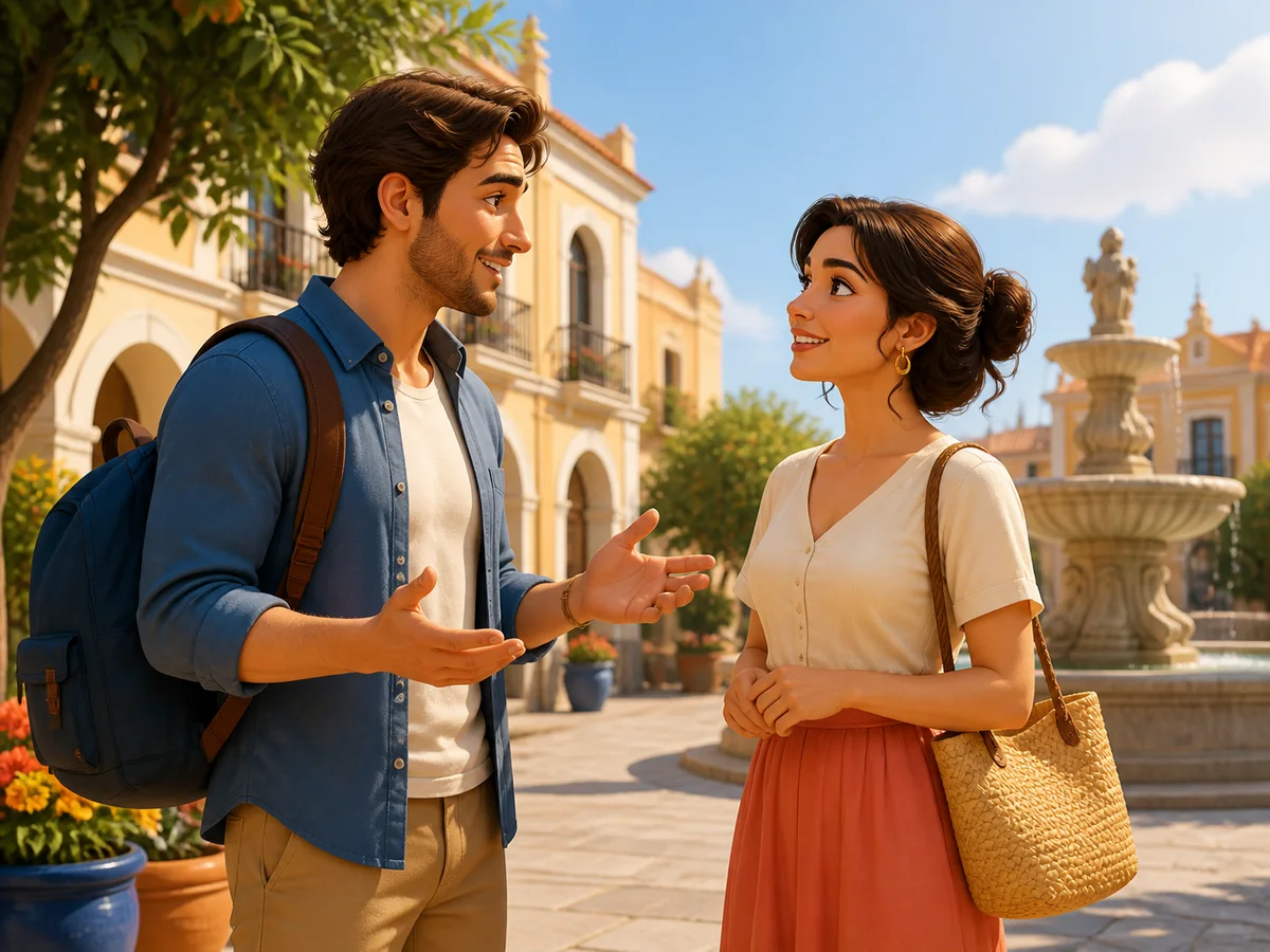 Two adults having a friendly conversation in a sunny Spanish plaza